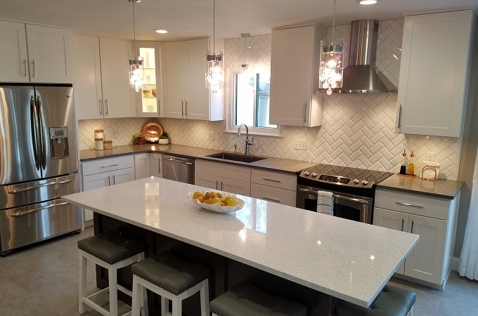 Contemporary bathroom vanity with white cabinetry and marble surface - Alexandria project